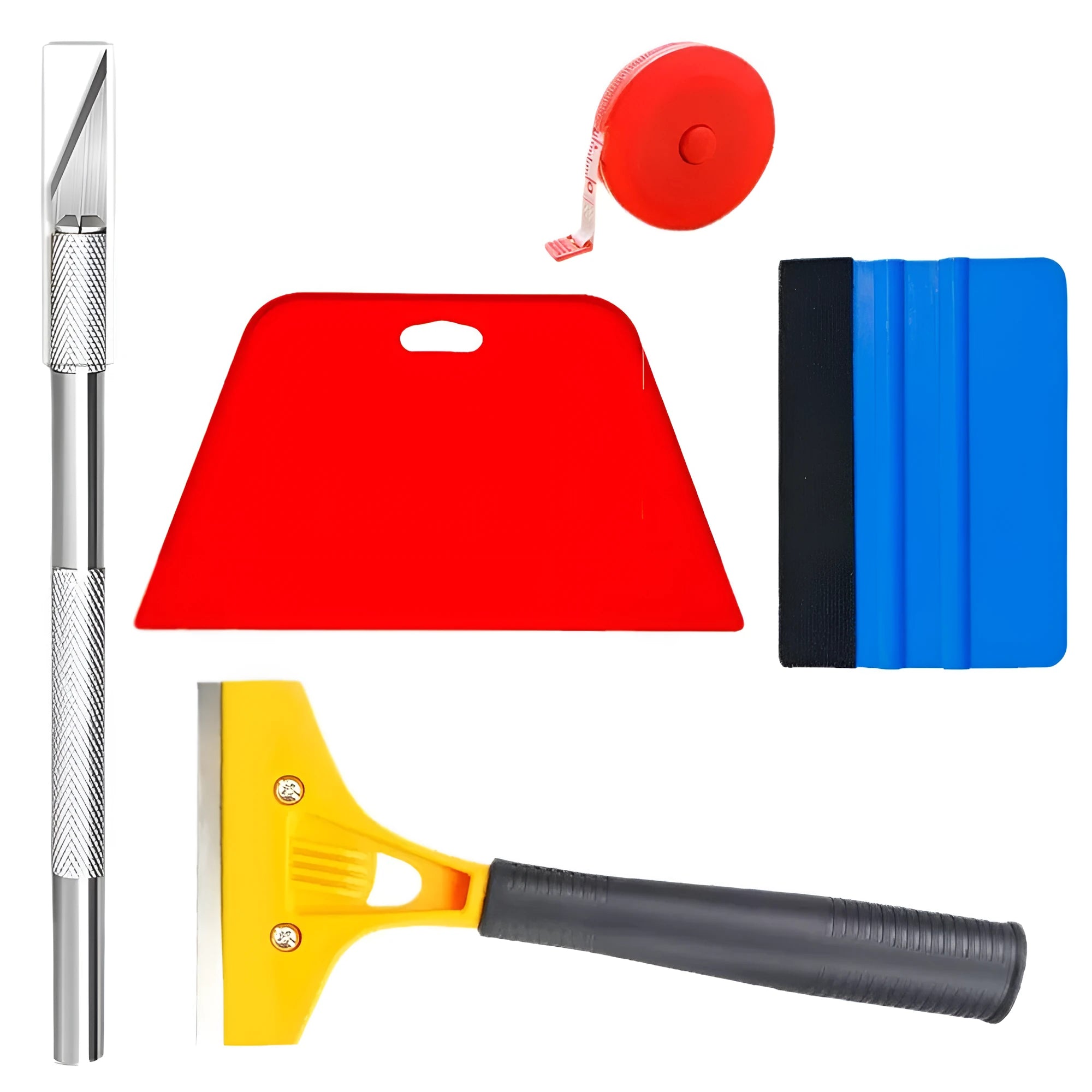Plastic car film smoothing tool kit with squeegee and trimming knife for window tint and vinyl wrap application.