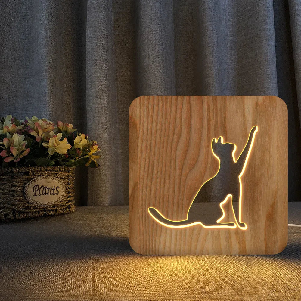 Solid wood pastoral style night light with 3D hollow cat silhouette design.