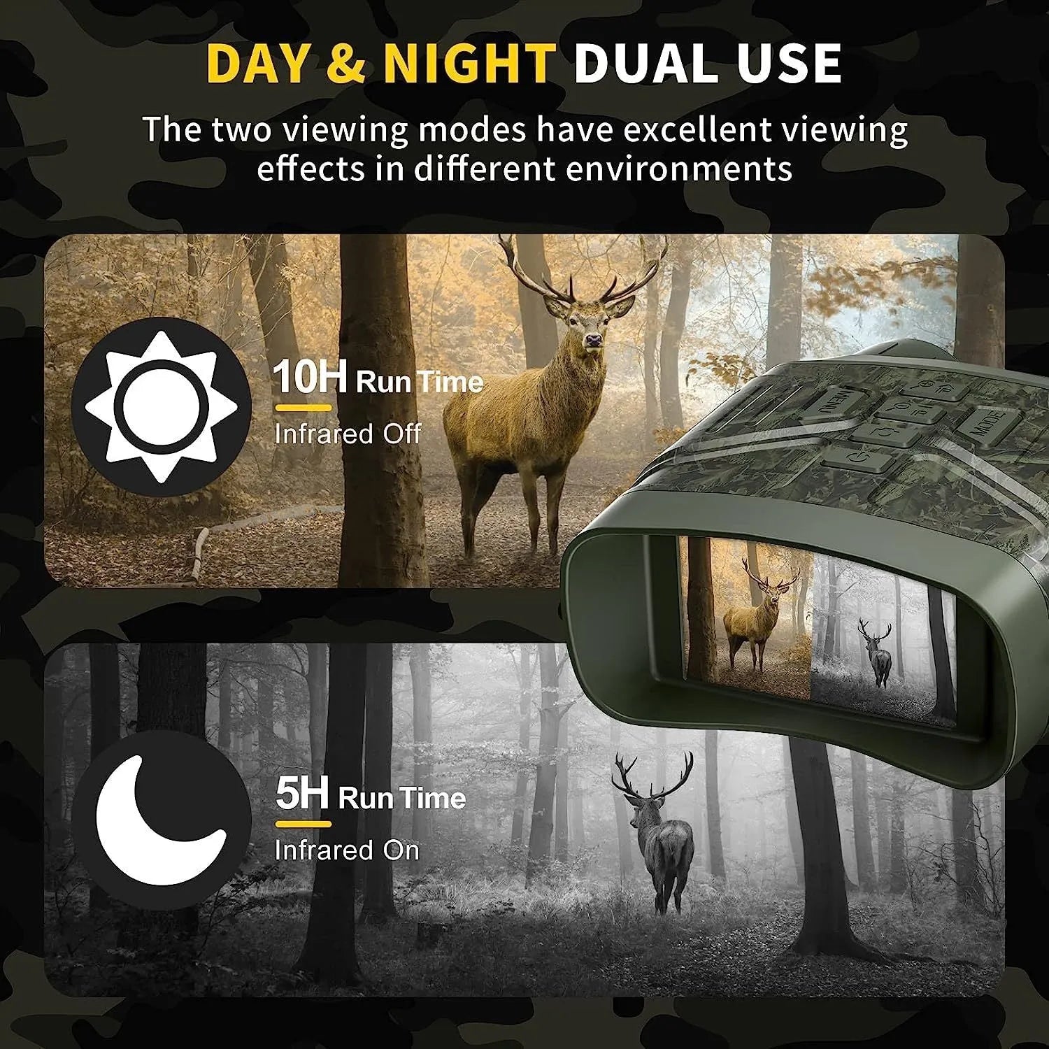 Black night vision instrument with display screen showing night-time imagery and control buttons