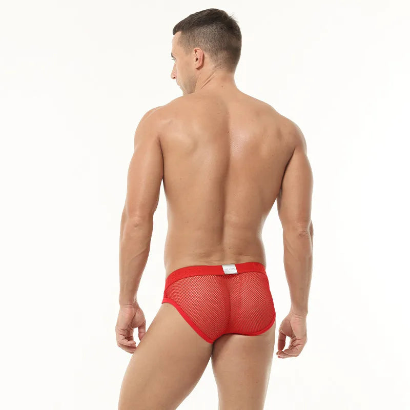 Men's black high-elastic mesh low waist briefs on a white background