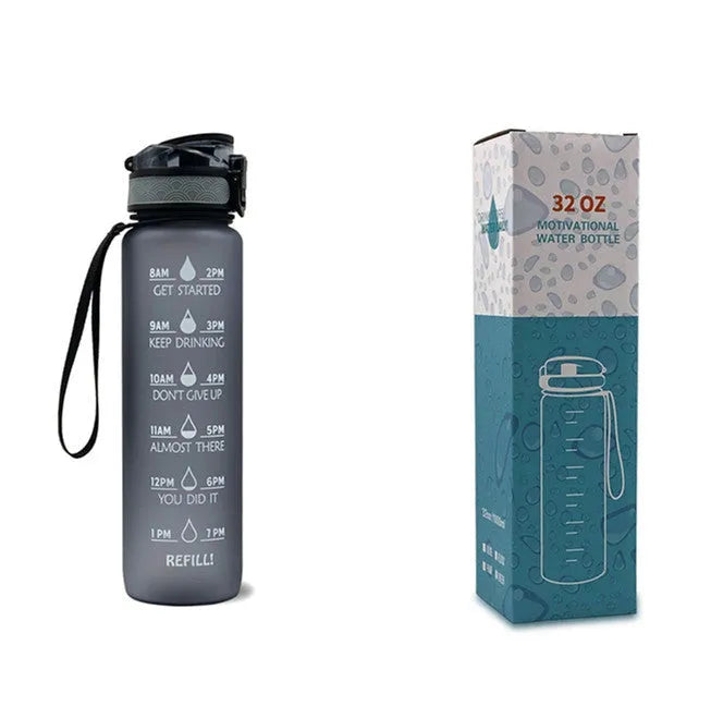 Blue and red gradient 1 litre Tritan sports water bottle with time markers and flip-top lid