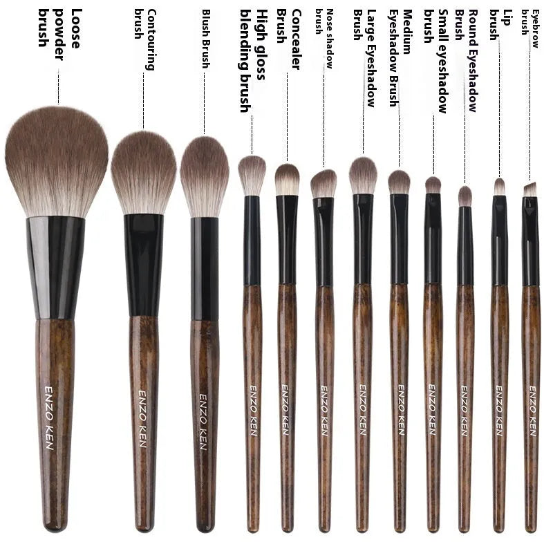 12-piece makeup brush set with wooden handles in portable PU case