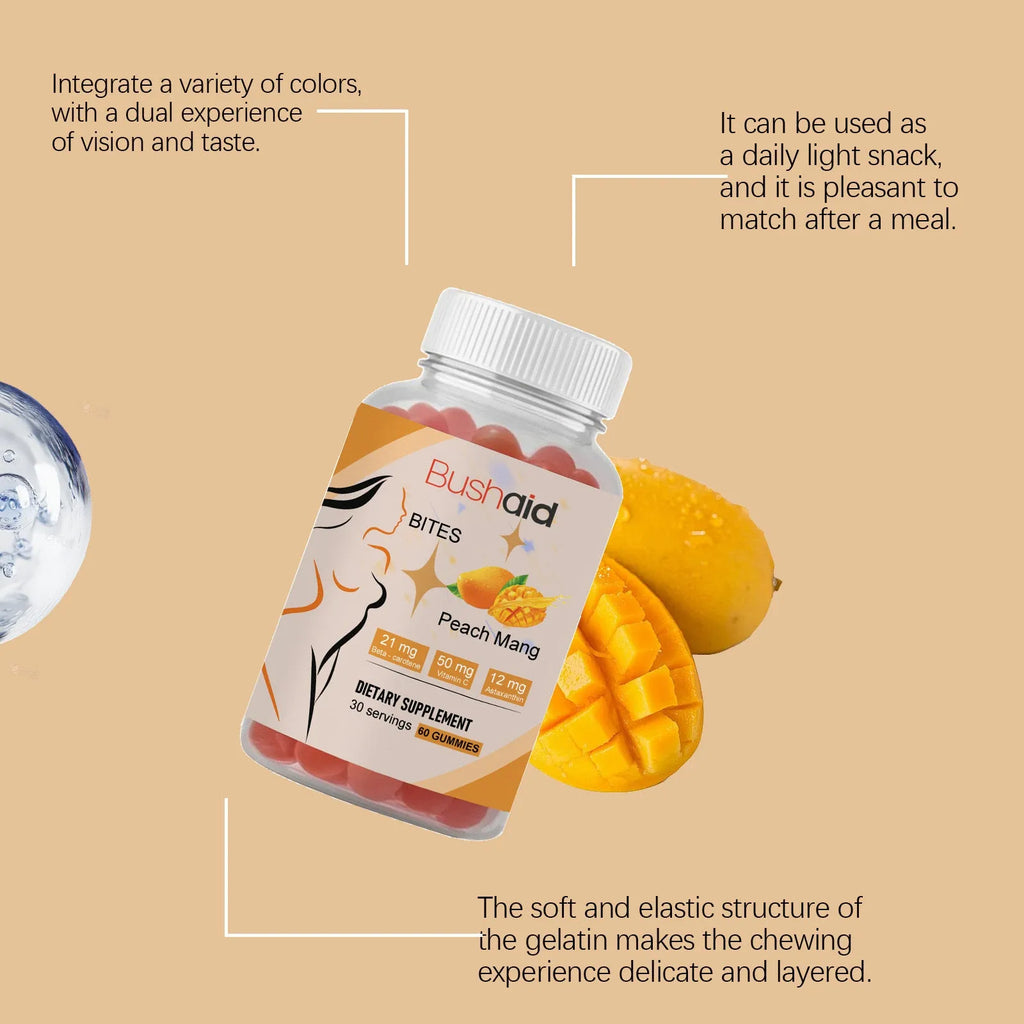 BUSHAID tanning supplement gummy candies showing 60 soft chews containing astaxanthin and vitamins