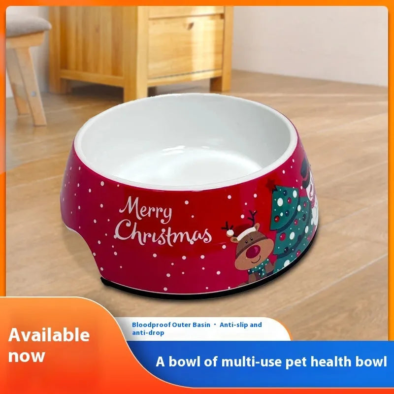 Red Christmas pet bowl with double layer insulated design showing stainless steel inner bowl