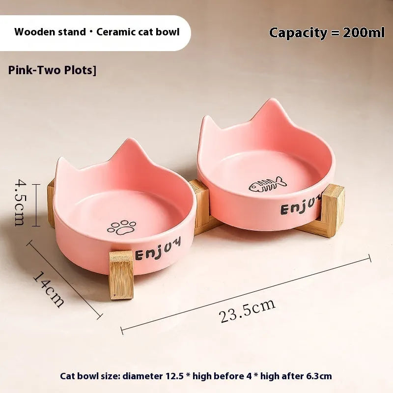 Porcelain cat food and water bowl set with wooden anti-tumble frame in various colours