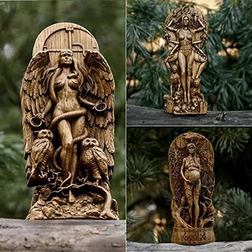 A 22cm tall synthetic resin Greek goddess statue on a stand, shown in one of three available colour finishes.