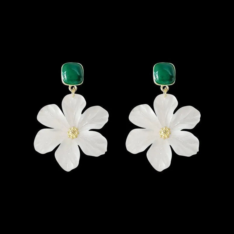 Dark green alloy needle flowers sweet drop earrings for women