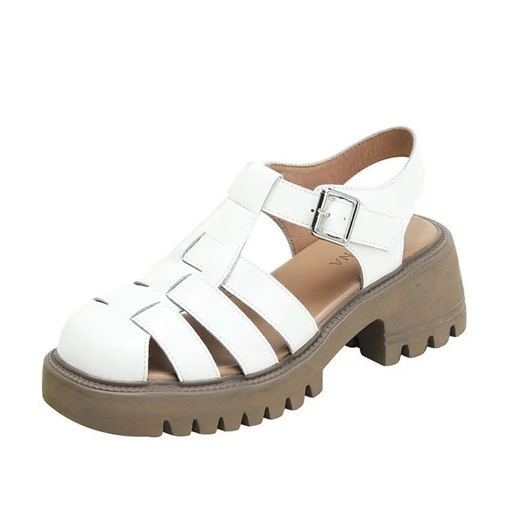 Women's black retro platform sandals with chunky heel, round toe, and adjustable buckle strap.