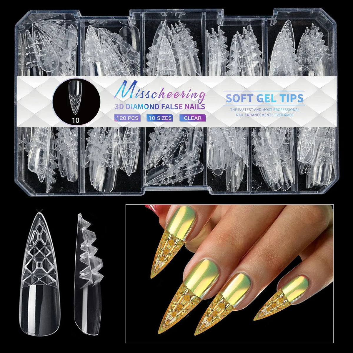 3D diamond wear long shaping artificial nail tips in twelve different colour options
