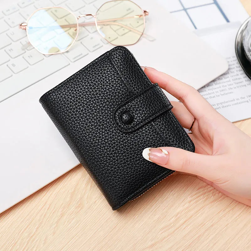 Beige lychee pattern pu ladies short bifold wallet shown open and closed.