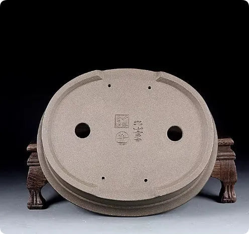 Handmade antique oval bonsai pot in purple sand clay measuring 25x21x6.3 cm