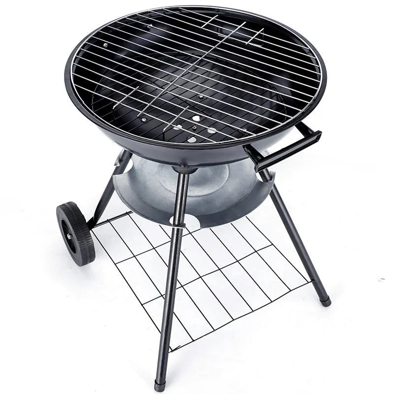 Portable 14-inch iron barbecue grill with Apple stove minimalist design on a patio.