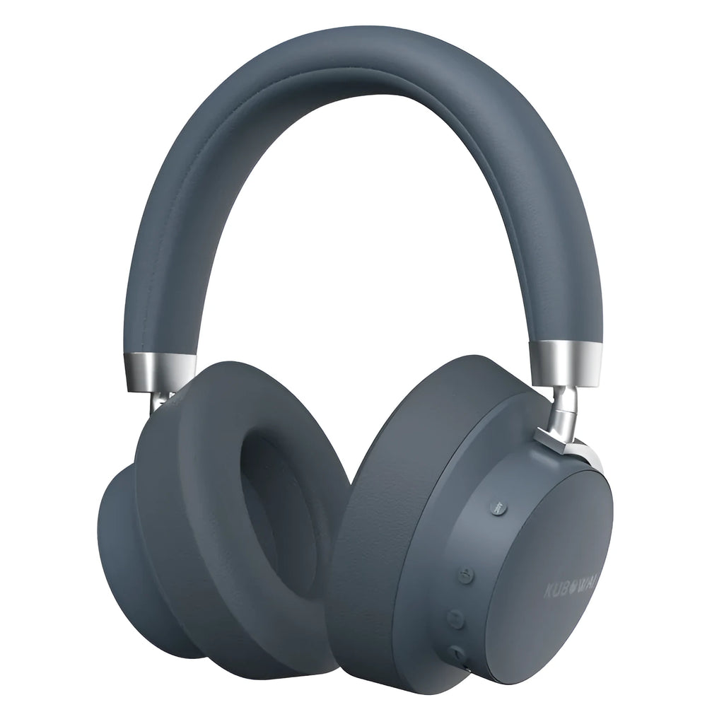 Grey sports wireless Bluetooth headset with head-mounted design and charging cable