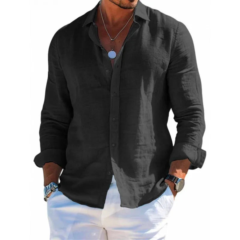 Men's long sleeve casual loose fit solid colour button top shirt polyester plus size clothing