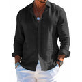 Men's long sleeve casual loose fit solid colour button top shirt polyester plus size clothing