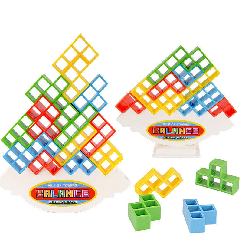 Plastic balance stacking board game with coloured building blocks on chassis for kids and adults