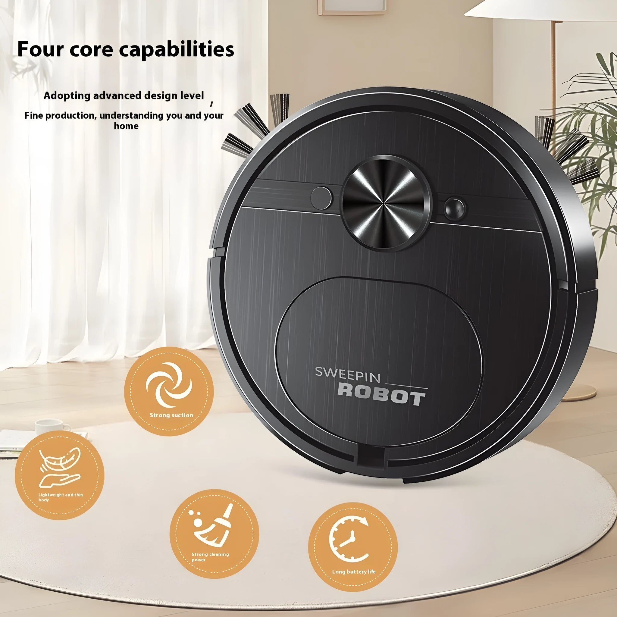Black and white three-in-one USB charging automatic robot vacuum cleaner with mop and brushes.