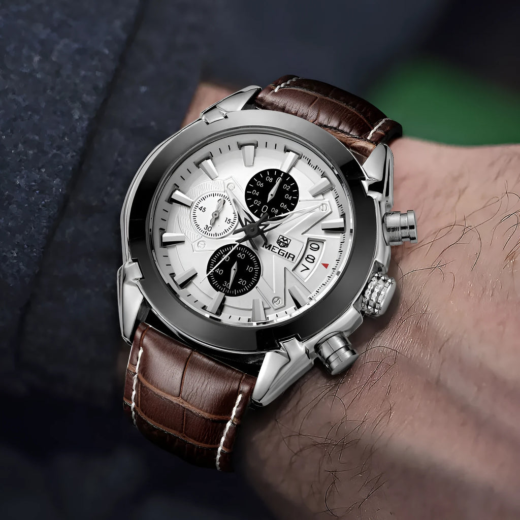 Men's three-eye quartz watch with waterproof luminous display in black or brown colour options