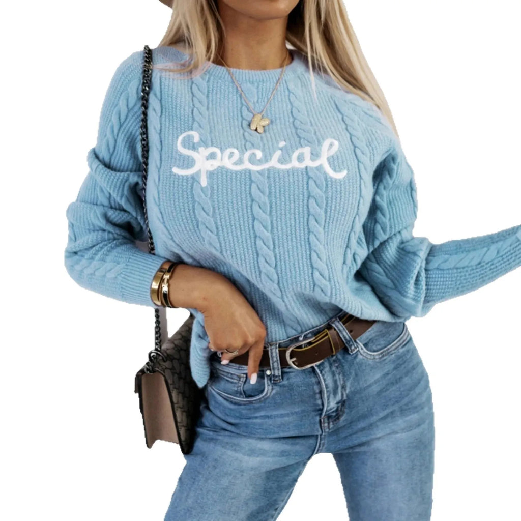 Blue crew neck pullover sweater with embroidered letter and number design on the chest.