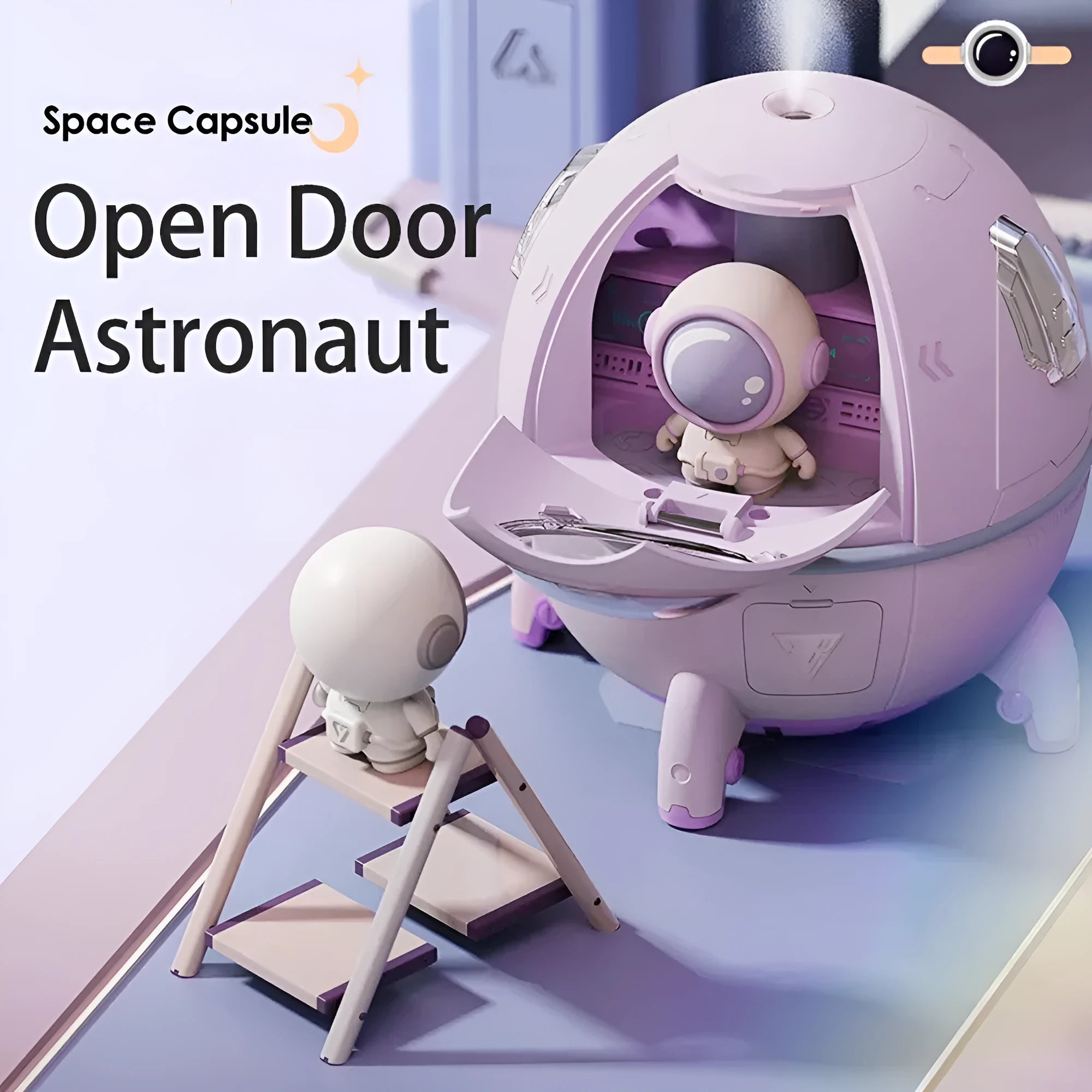 Astronaut-themed desktop USB humidifier with colourful LED light on a desk