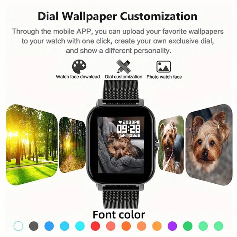 A smart watch with a large 144-inch touch screen and a silicone strap, shown on a wrist.