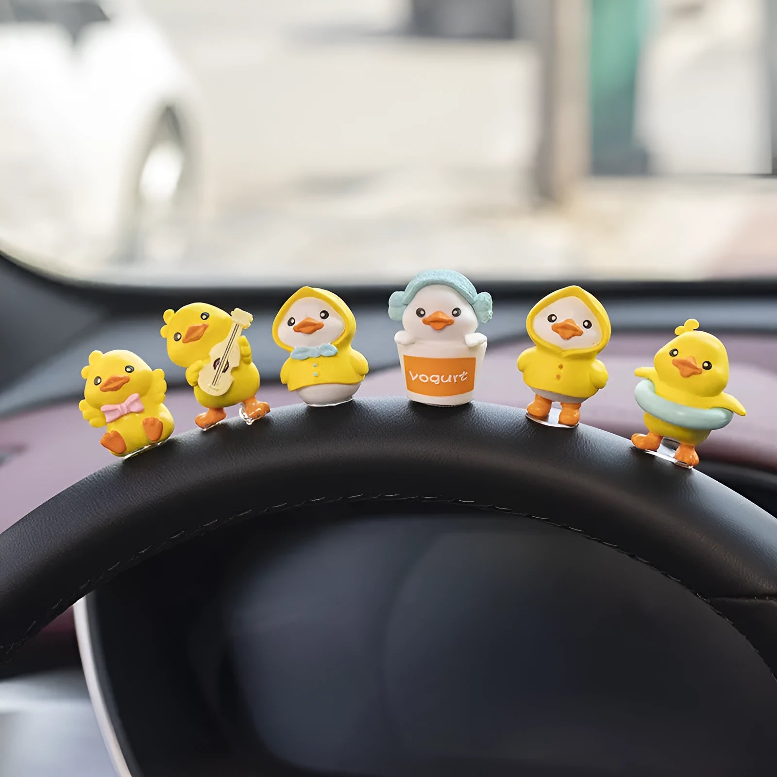 PVC cartoon duckling car decoration set with six small ducks and a hello sign