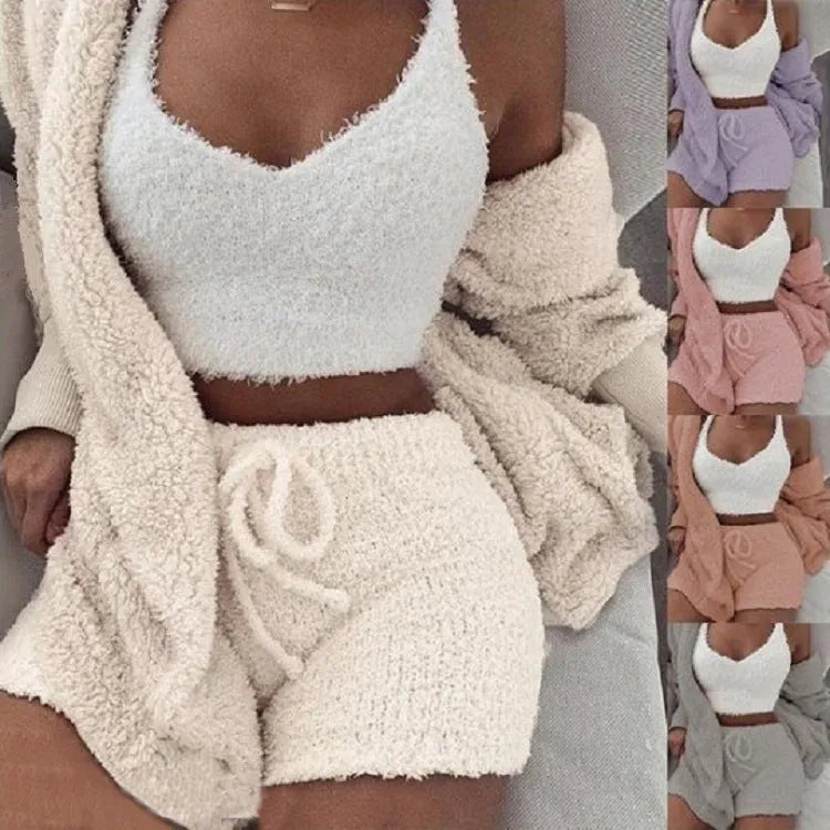 Women's Long Sleeve Crop Tank Top and Drawstring Shorts Pajama Set, Velvet Pants Suit in Multiple Colours White Pink Orange Purple Gray, Available in Asian Sizes S to XXXL for Sleepwear Loungewear