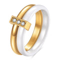 Geometric ceramic women's ring with glossy stitching and zirconium accents in steel black.