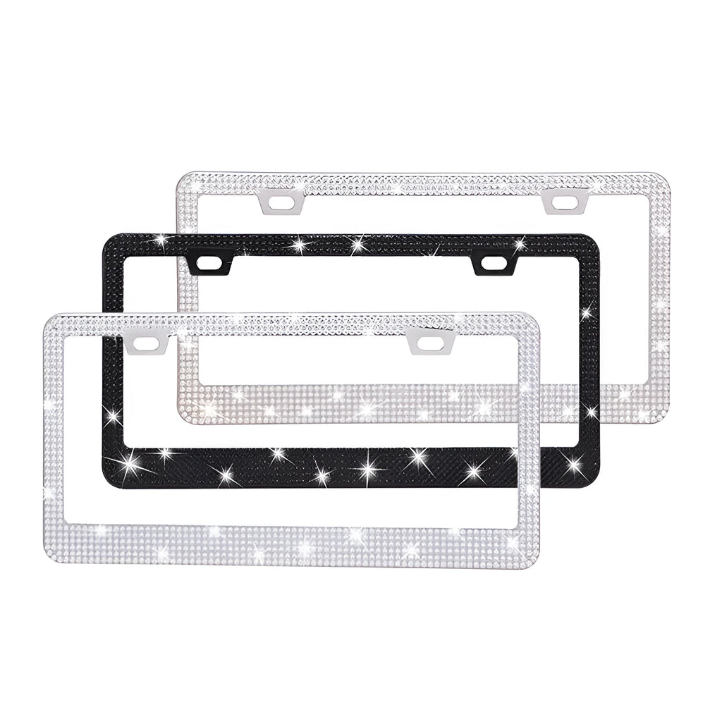 Stainless steel licence plate frame with stick-on acrylic diamond crystals in various colour patterns