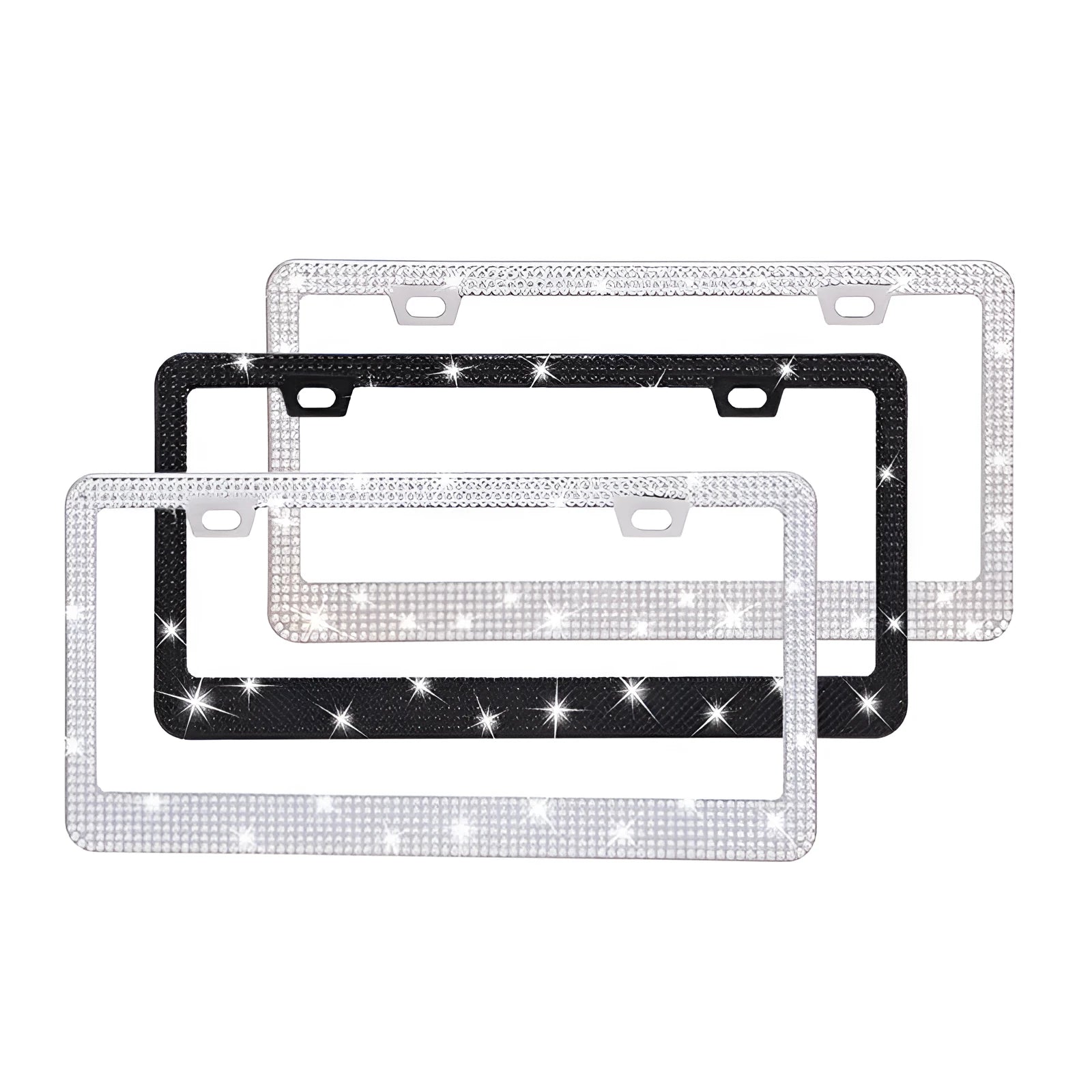 Stainless steel licence plate frame with stick-on acrylic diamond crystals in various colour patterns