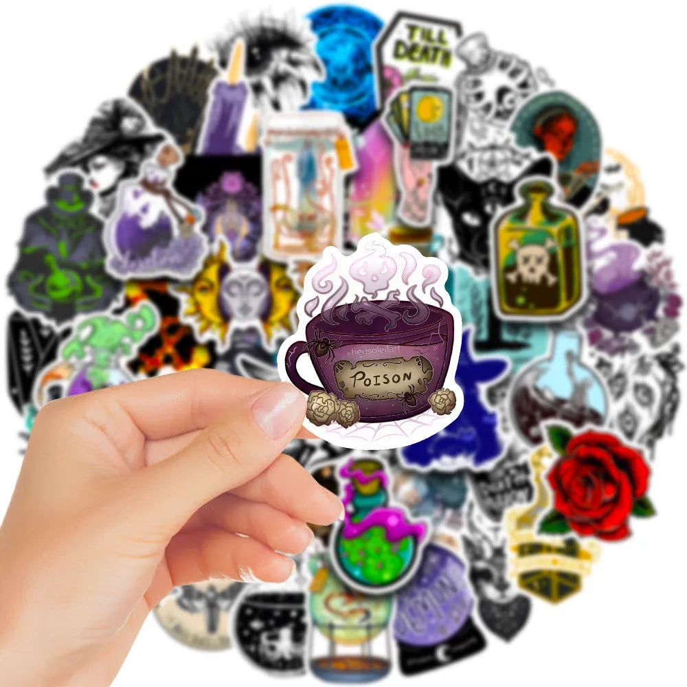 Pack of 50 colourful waterproof PVC stickers with glossy finish for laptops and skateboards.