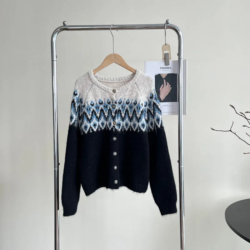Women's loose fit jacquard sweater coat in milky white, brown, or navy blue.