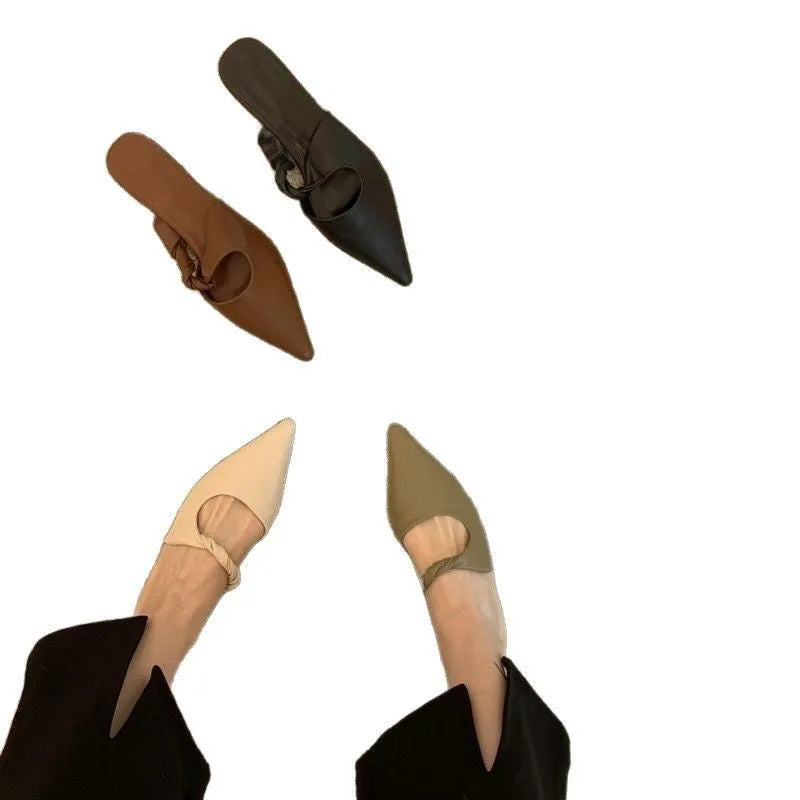 Women's soft leather semi-toe box slippers in black, brown, khaki, and off white colours