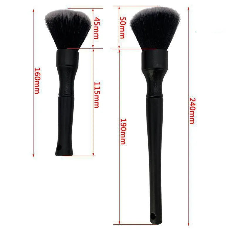 Black car detailing brush with pig hair bristles and polypropylene handle shown in two sizes.
