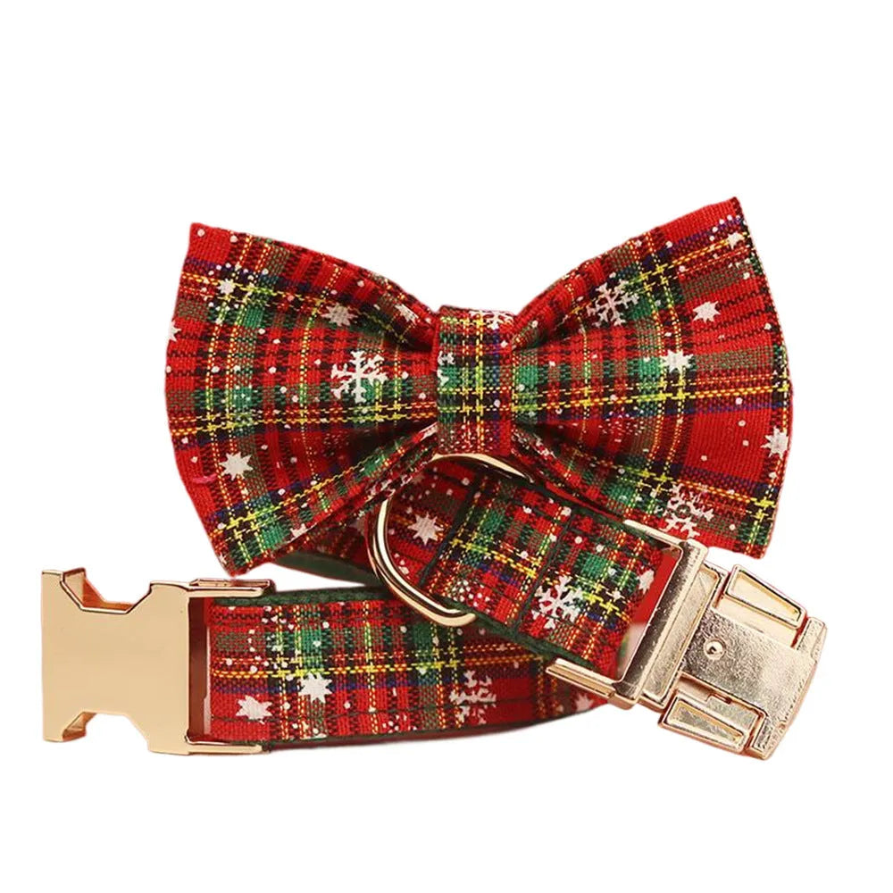 Green snowflake pattern Christmas dog collar set with matching leash, bow, and vest