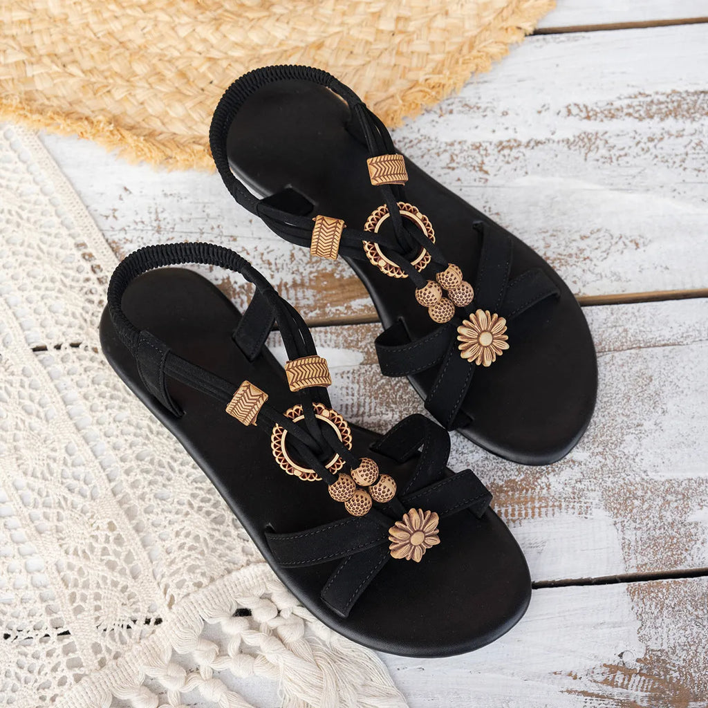 Black ethnic-style women's flat beach sandals with beaded weave pattern and rhinestone belt decoration