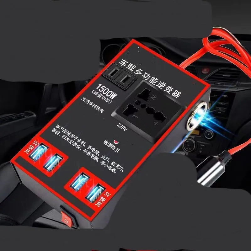 Black automotive power converter for 12V 24V to 220V conversion with USB charging ports