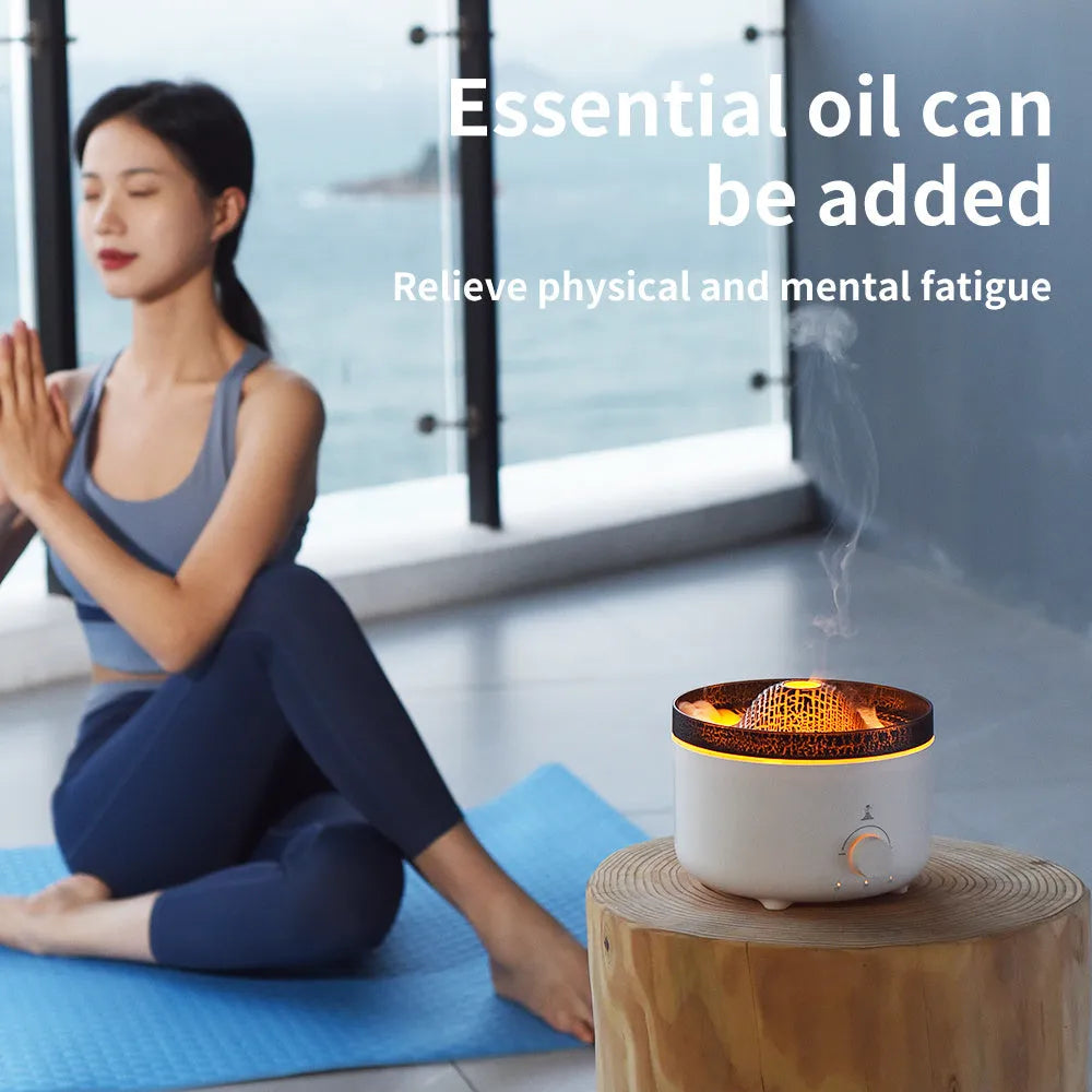 White simulated flame volcano humidifier and aroma diffuser with remote control