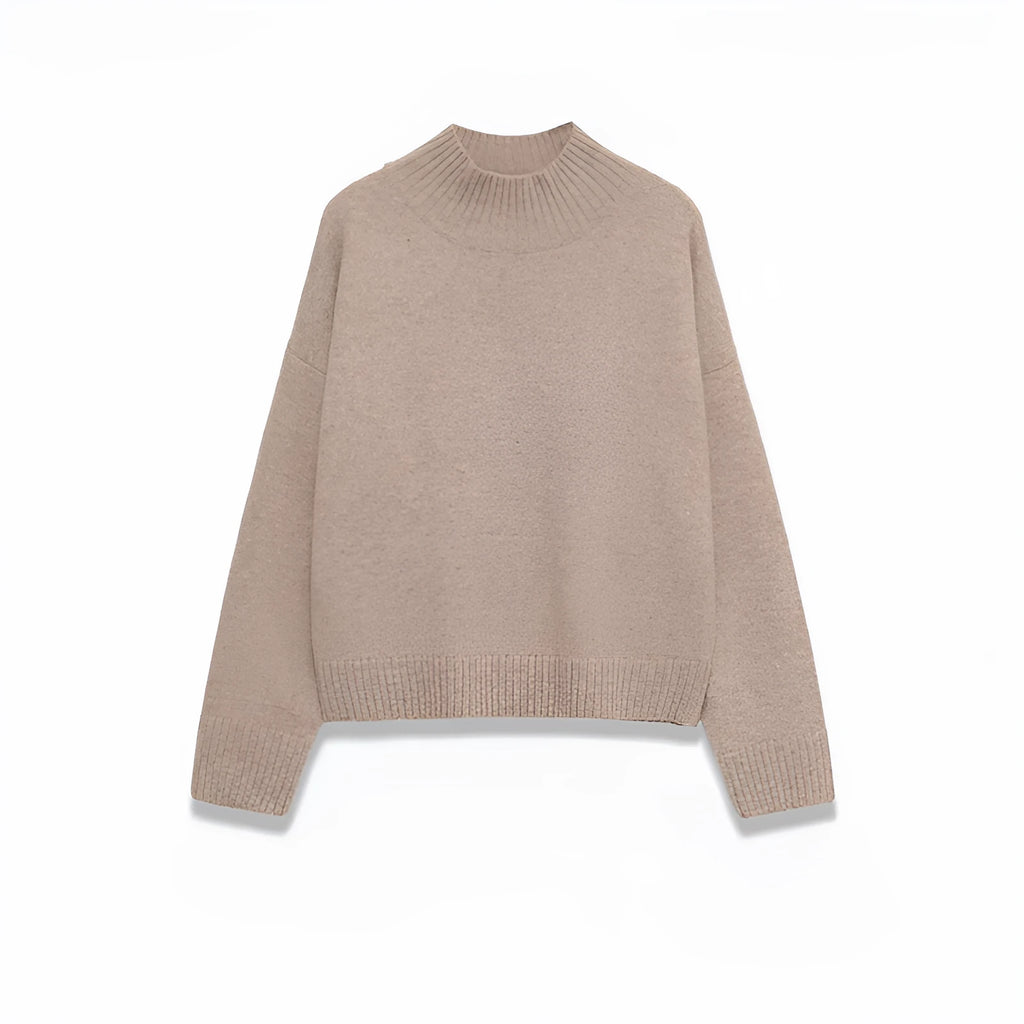 Women's khaki knitted sweater with stand-up collar and colour-block stripes
