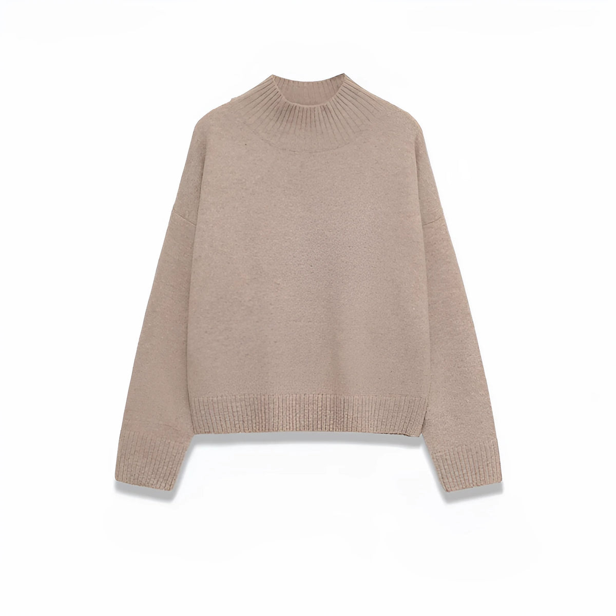 Women's khaki knitted sweater with stand-up collar and colour-block stripes