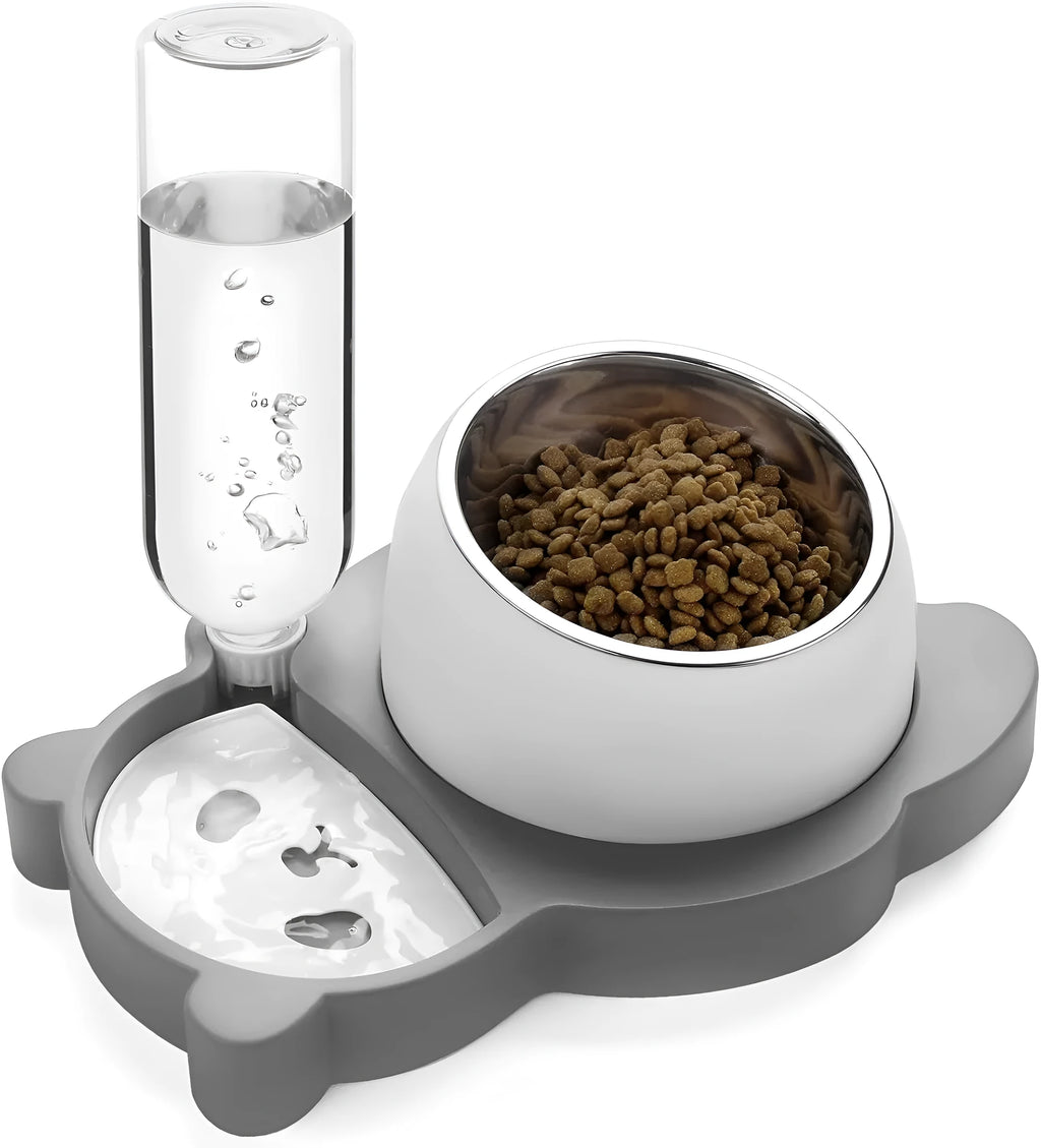 Grey and green panda-shaped pet feeder set with automatic water bottle and tilted food bowl