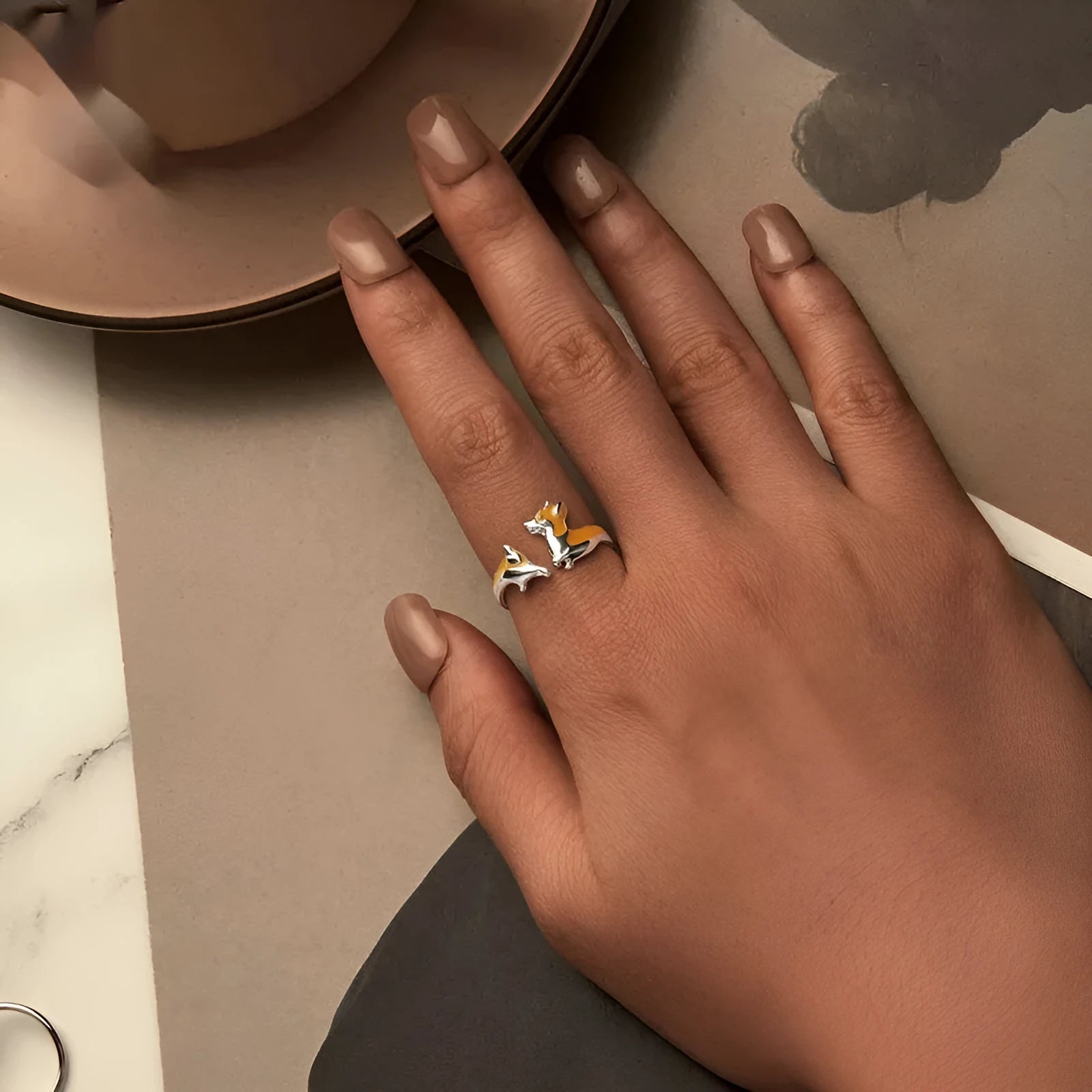 Silver corgi pet ring with cartoon design and electroplated finish