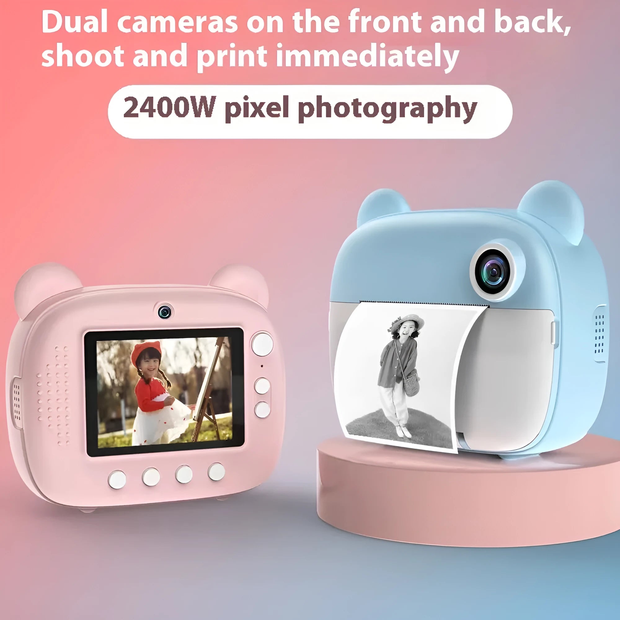 Children's SLR double lens camera toy in pink colour with compact handheld design