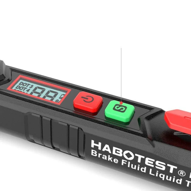 Digital brake fluid tester pen with LCD display, batteries, manual and colour box packaging