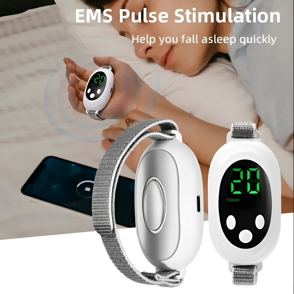 White intelligent sleep aid device handheld remote control with sleep bracelet on a dark background.