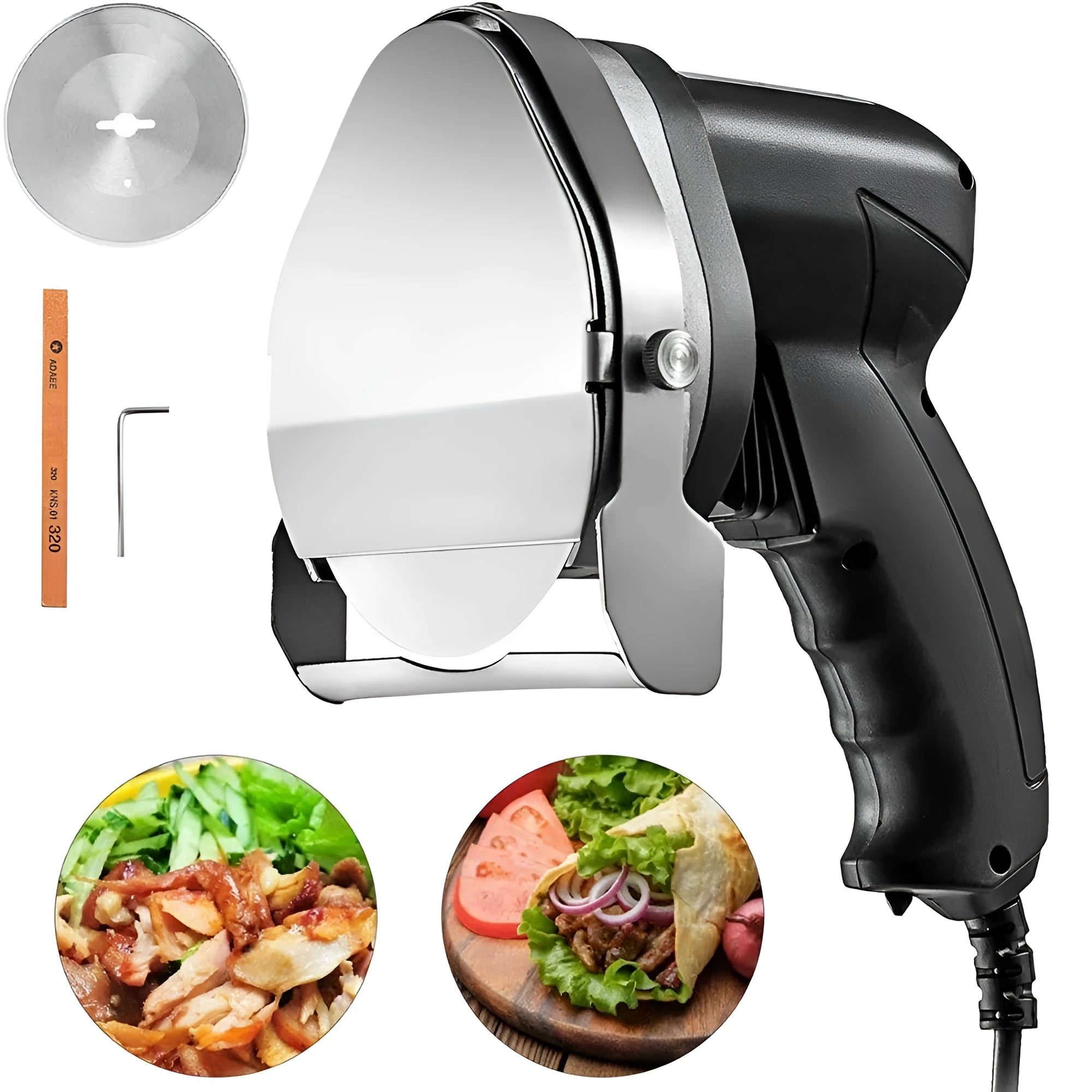 Black electric meat cleaver with power cord and EU plug for turkey barbecue preparation.