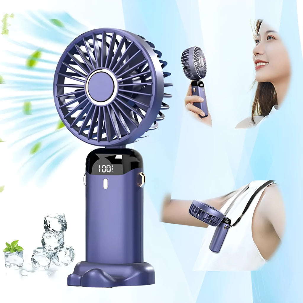 Foldable USB rechargeable portable fan showing handheld, desktop and neck-worn configurations with LED battery display