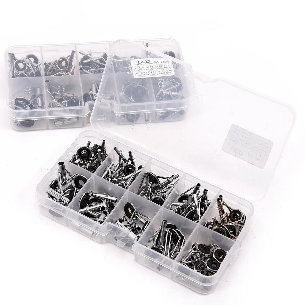 Boxed set of 80 alloy sea fishing rod slightly guide rings in colour-coded compartments