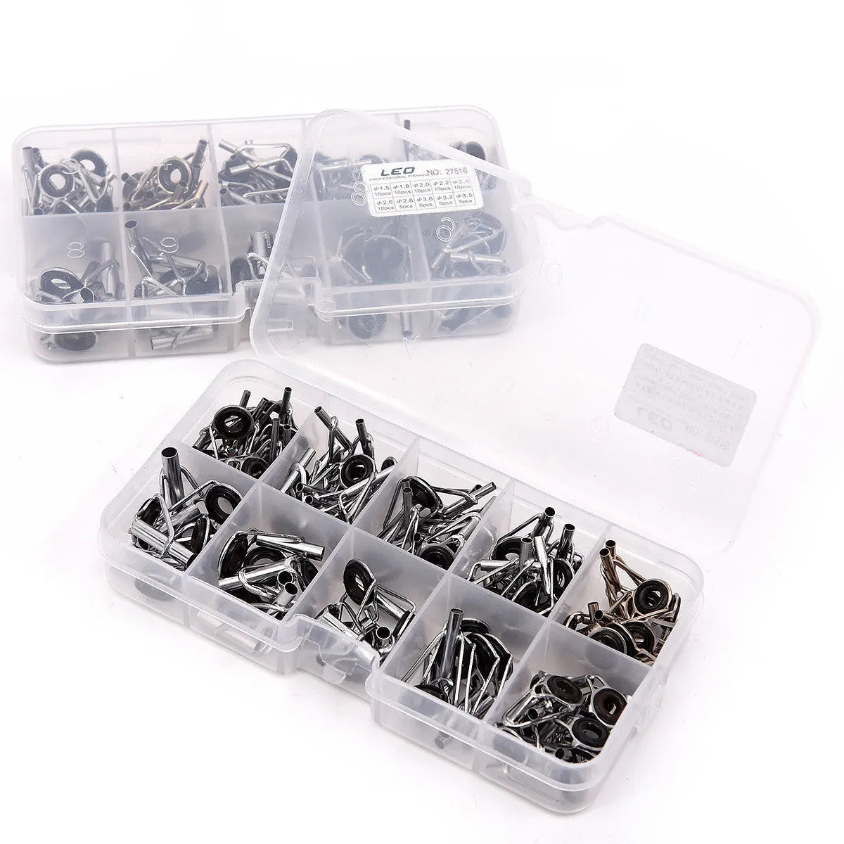 Boxed set of 80 alloy sea fishing rod slightly guide rings in colour-coded compartments