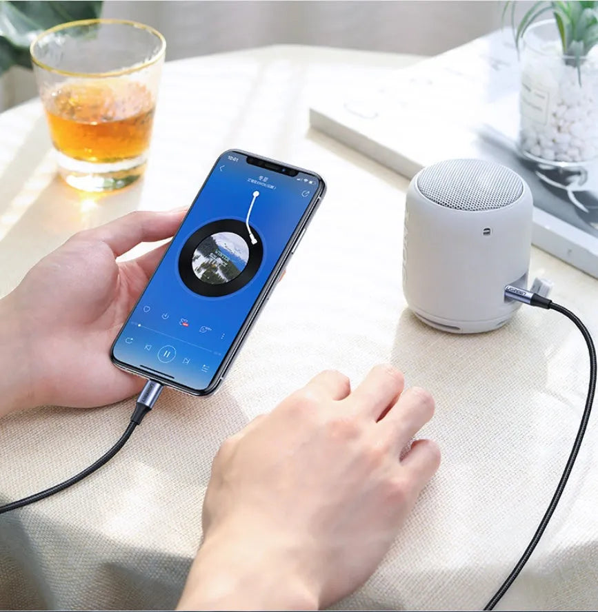 Black Lightning to 3.5mm audio adapter cable with shiny silk braid and aluminium connectors for car stereo connection